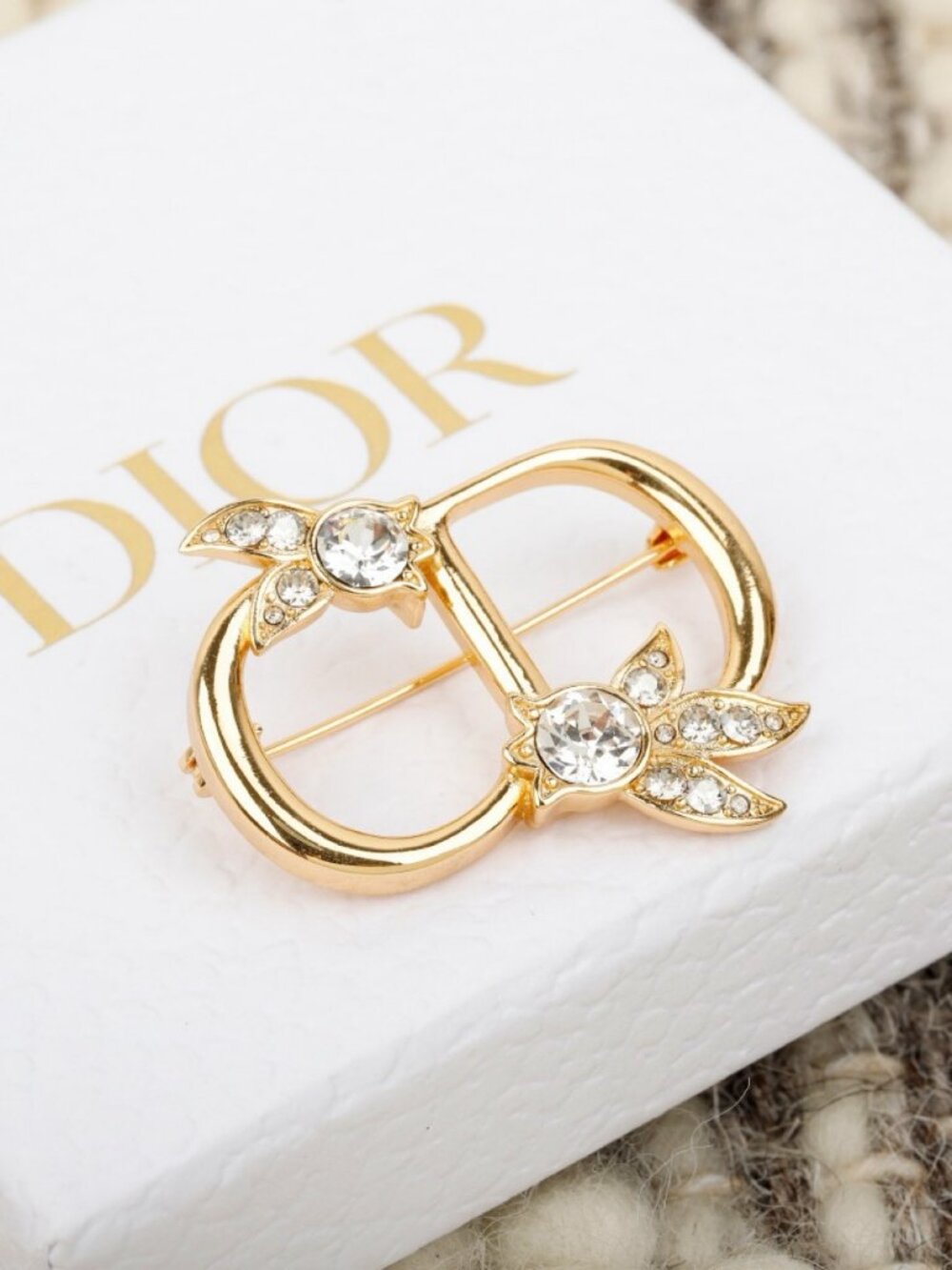 Dior Gold-Tone Crystal CD Brooch with Leaf Accents